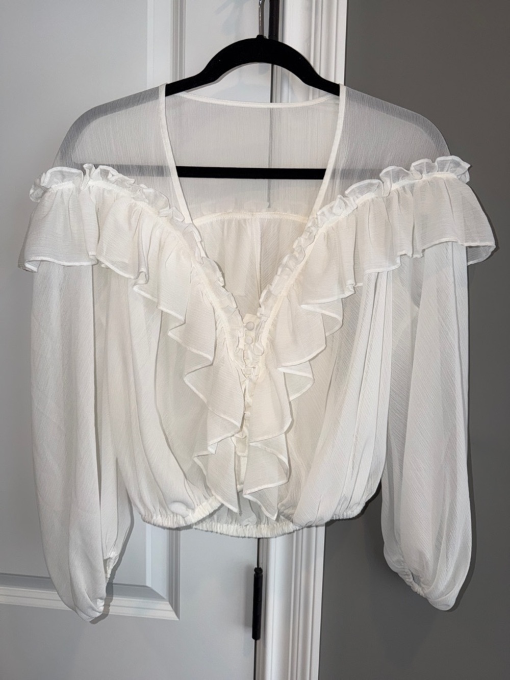 White Ruffled V-Neck Women's Blouse